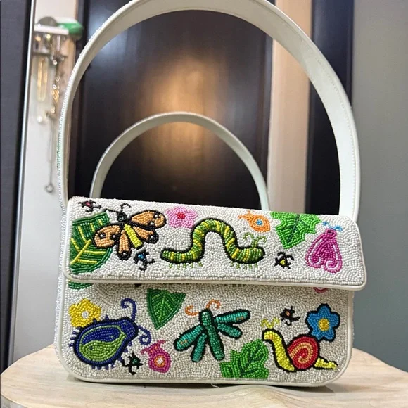 STAUD White Shoulder Bag with Colorful Embroidery - Picture 1 of 4